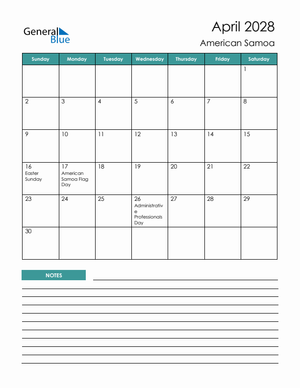 Calendar with Notes Printable - Sunday Start