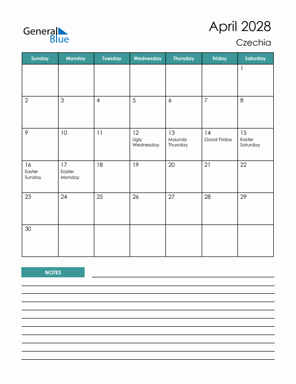 Calendar with Notes Printable - Sunday Start