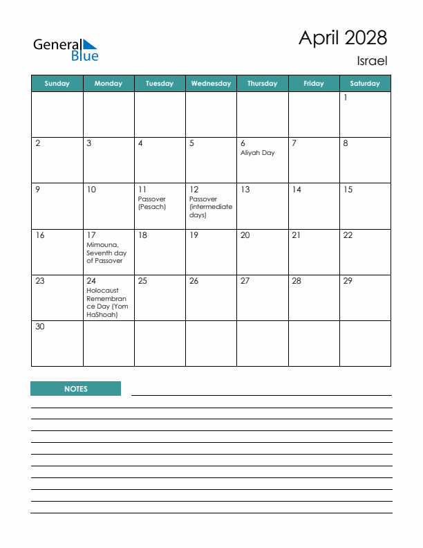 Calendar with Notes Printable - Sunday Start