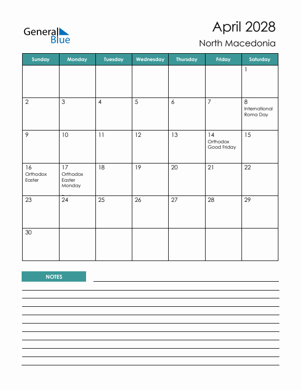 Calendar with Notes Printable - Sunday Start