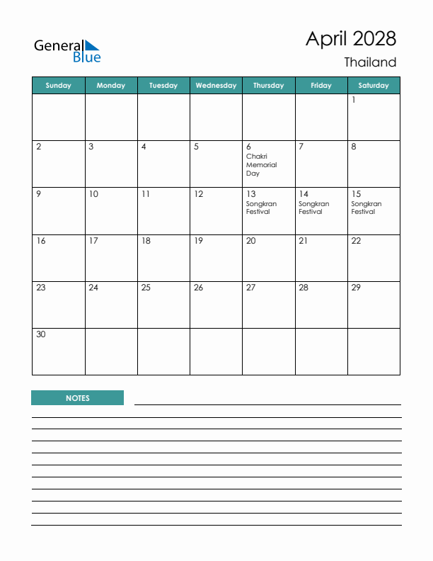 Calendar with Notes Printable - Sunday Start