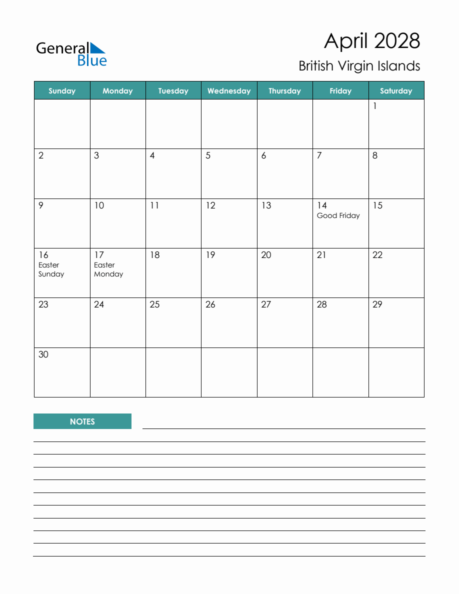 Monthly Planner with British Virgin Islands Holidays - April 2028