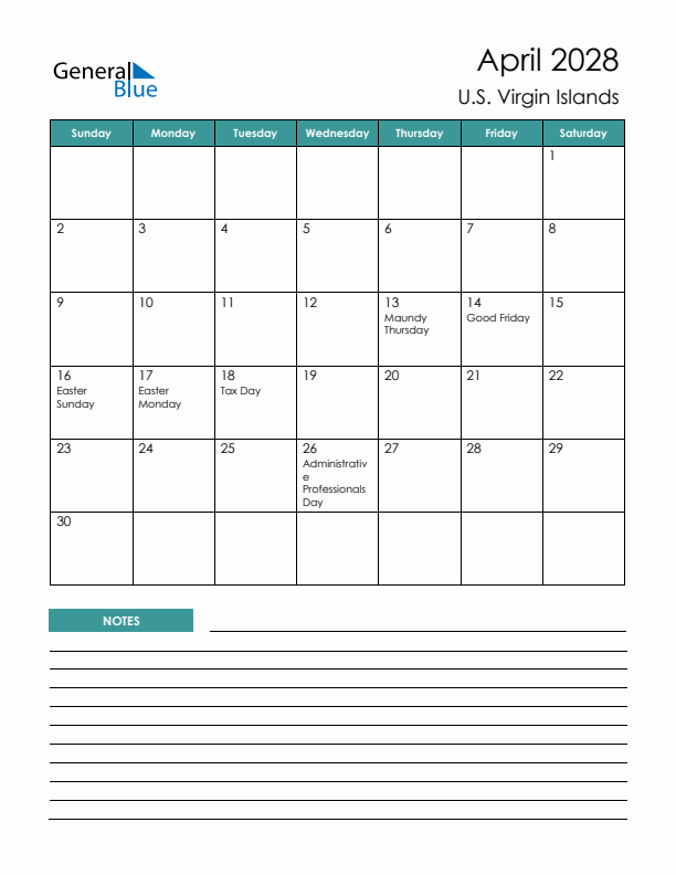 Calendar with Notes Printable - Sunday Start