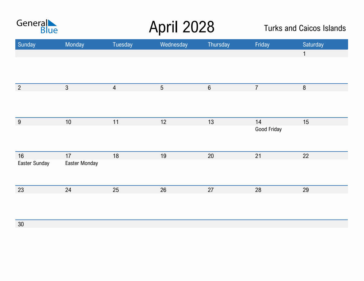 April 2028 Monthly Calendars with Turks and Caicos Islands Holidays