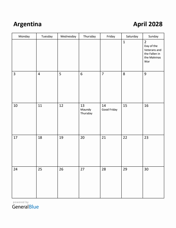 April 2028 Calendar with Argentina Holidays