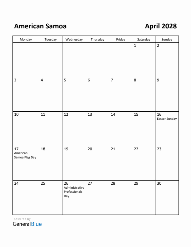 April 2028 Calendar with American Samoa Holidays