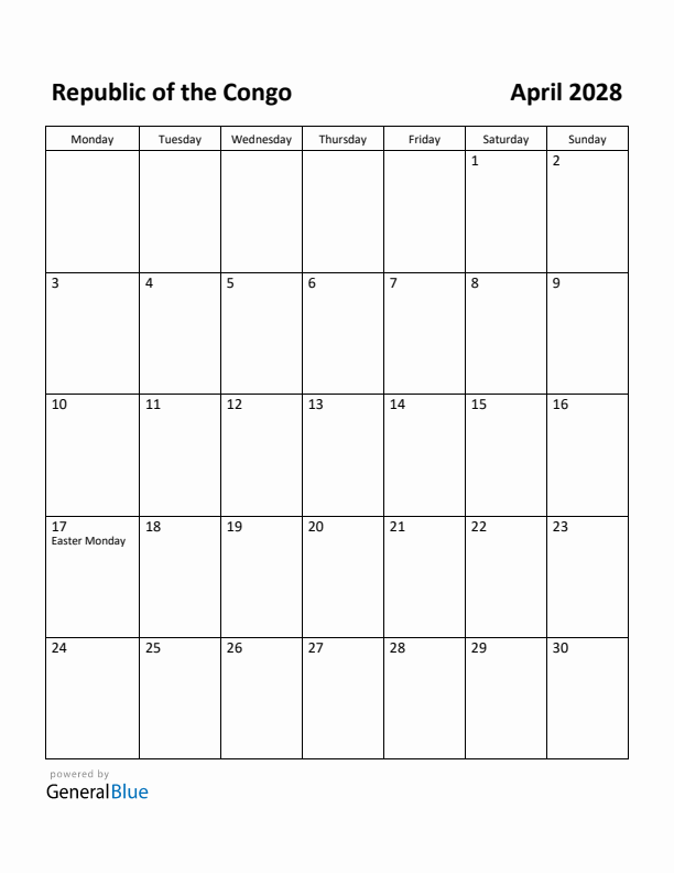April 2028 Calendar with Republic of the Congo Holidays
