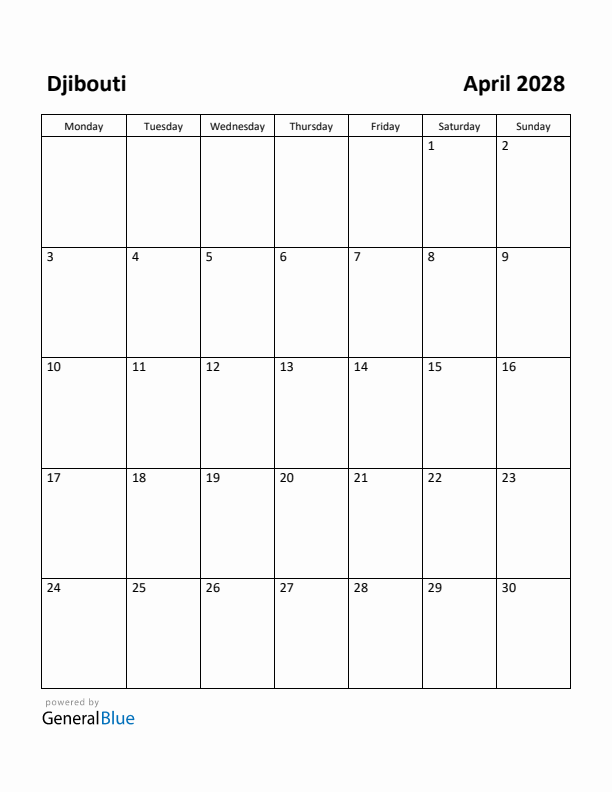 April 2028 Calendar with Djibouti Holidays