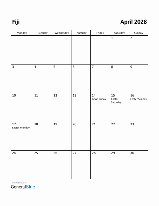 April 2028 Calendar with Fiji Holidays
