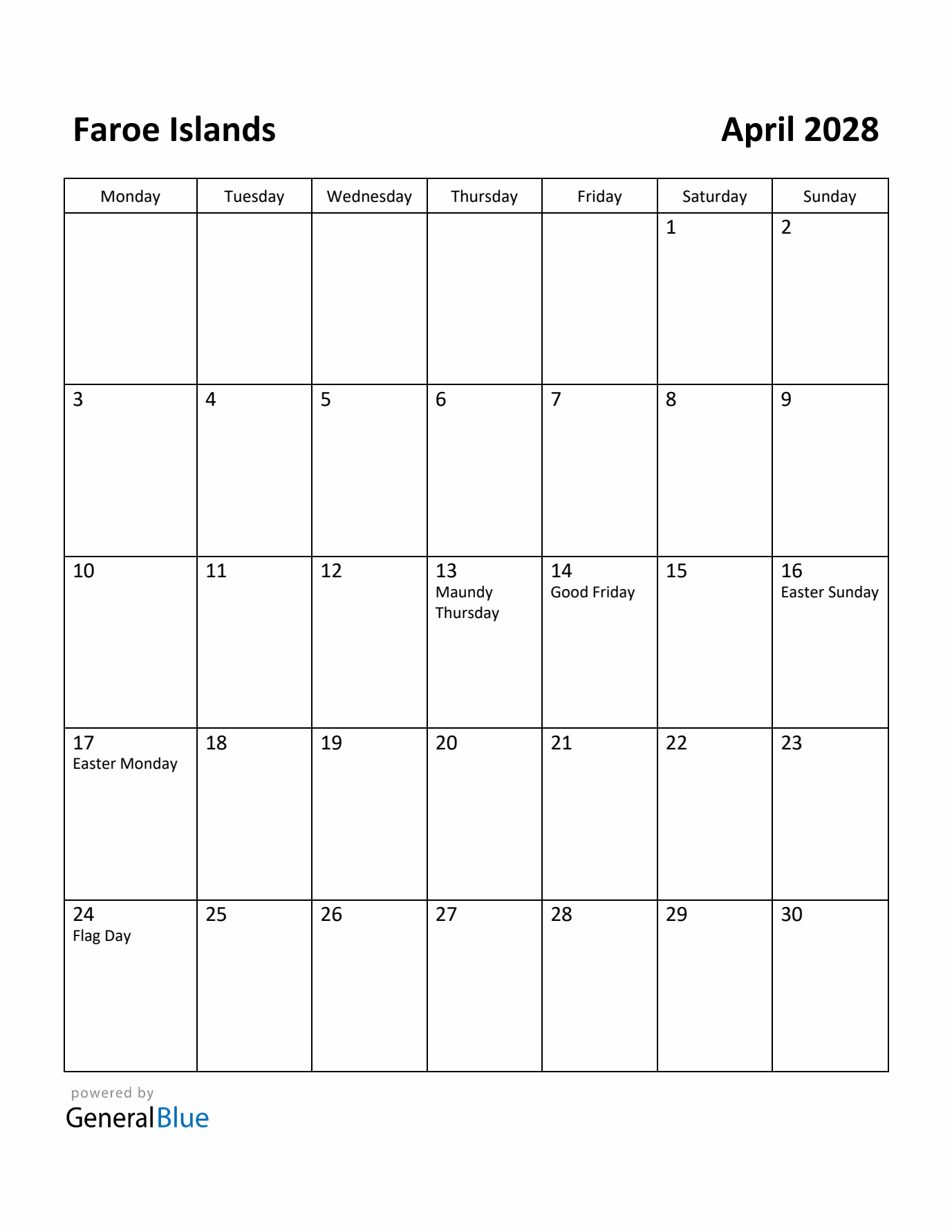April 2028 Calendar with Faroe Islands Holidays