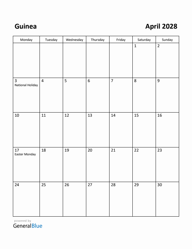 April 2028 Calendar with Guinea Holidays