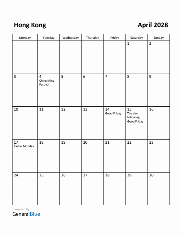 April 2028 Calendar with Hong Kong Holidays