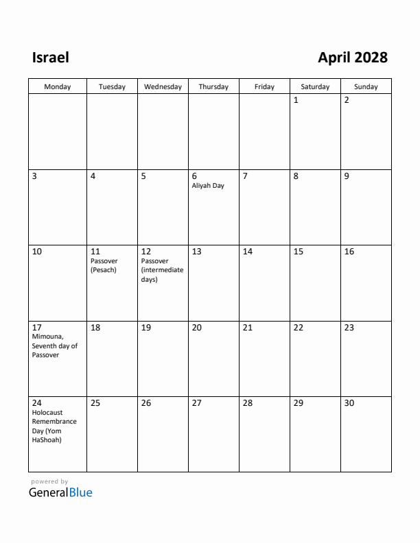 April 2028 Calendar with Israel Holidays