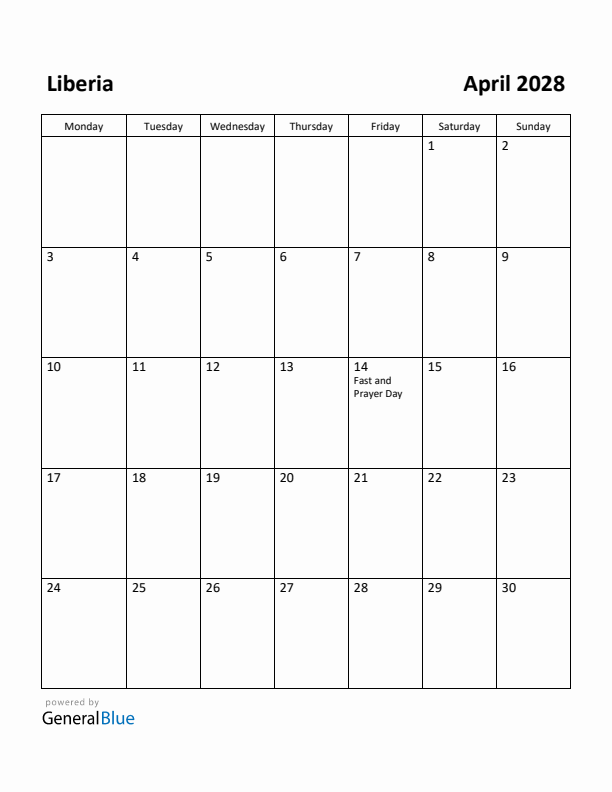 April 2028 Calendar with Liberia Holidays