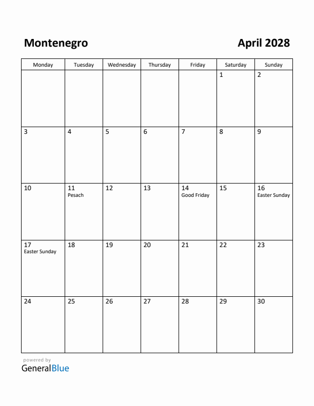 April 2028 Calendar with Montenegro Holidays