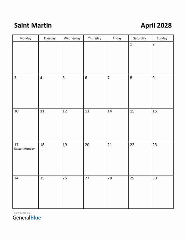 April 2028 Calendar with Saint Martin Holidays