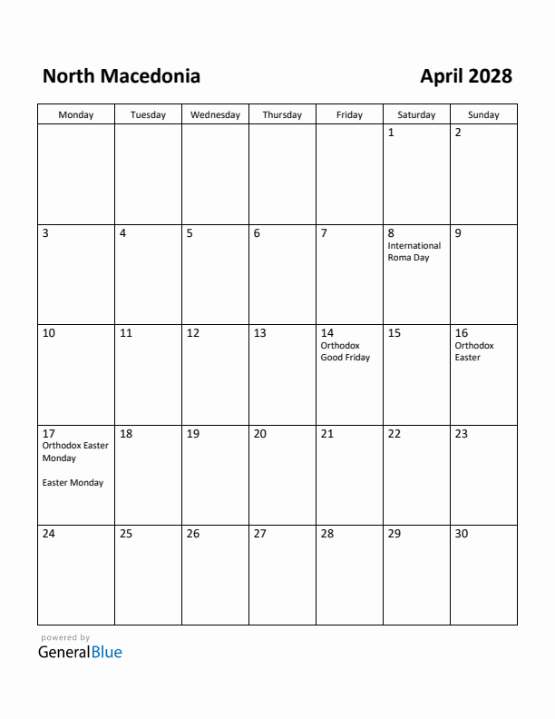 April 2028 Calendar with North Macedonia Holidays
