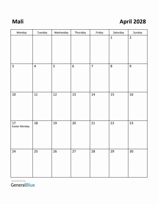 April 2028 Calendar with Mali Holidays