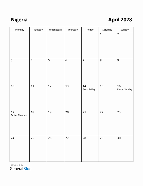 April 2028 Calendar with Nigeria Holidays