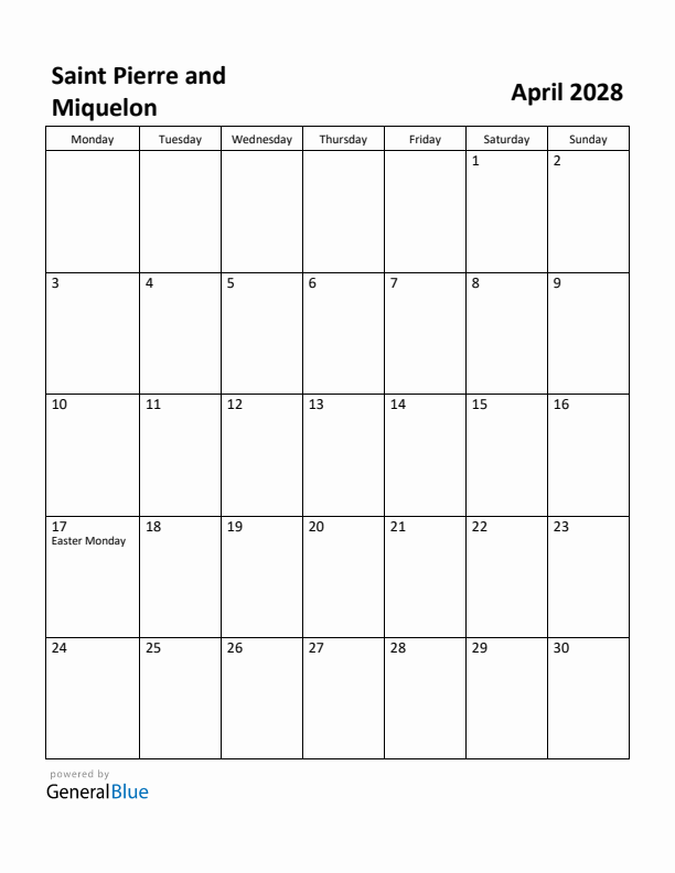 April 2028 Calendar with Saint Pierre and Miquelon Holidays