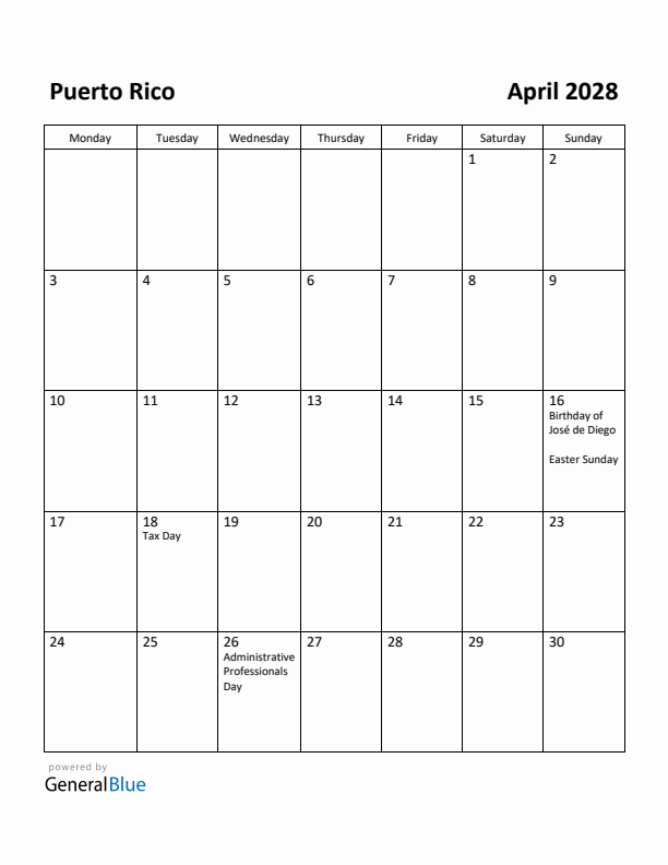 April 2028 Calendar with Puerto Rico Holidays