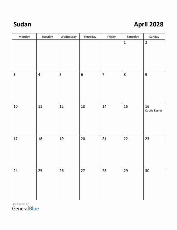 April 2028 Calendar with Sudan Holidays