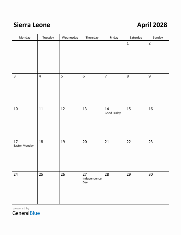 April 2028 Calendar with Sierra Leone Holidays