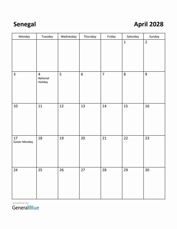 April 2028 Calendar with Senegal Holidays