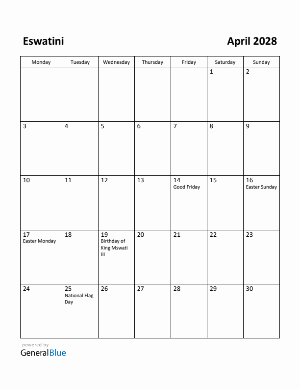 April 2028 Calendar with Eswatini Holidays