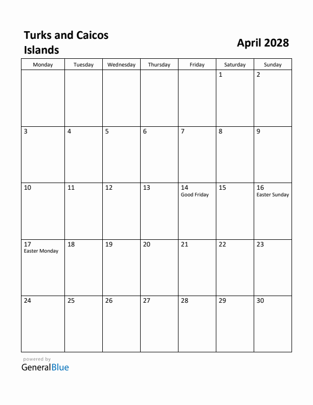 April 2028 Calendar with Turks and Caicos Islands Holidays