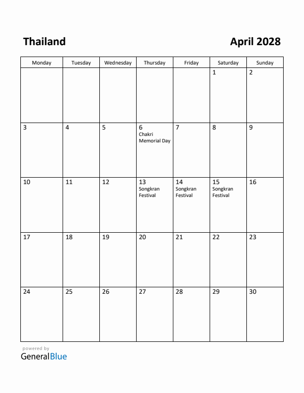 April 2028 Calendar with Thailand Holidays