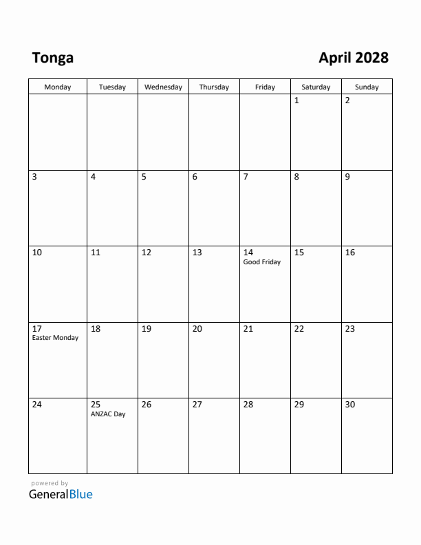 April 2028 Calendar with Tonga Holidays