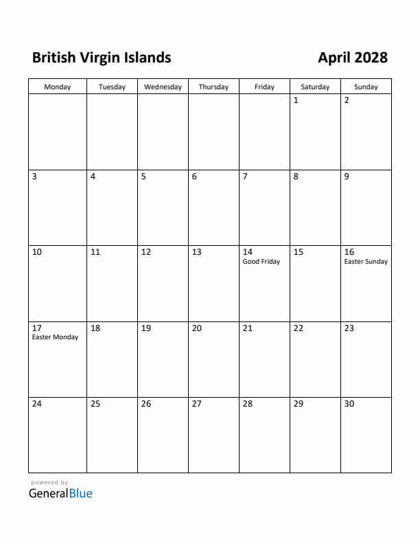 April 2028 Calendar with British Virgin Islands Holidays