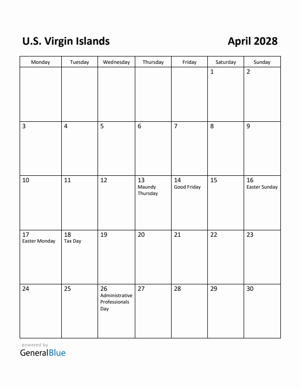 April 2028 Calendar with U.S. Virgin Islands Holidays