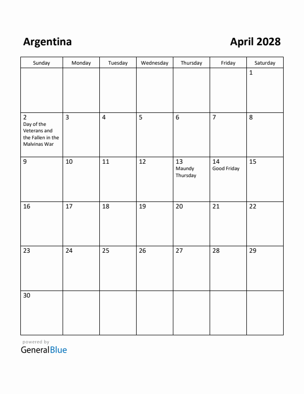 April 2028 Calendar with Argentina Holidays