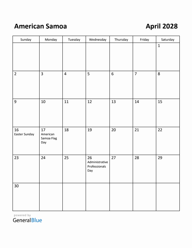 April 2028 Calendar with American Samoa Holidays