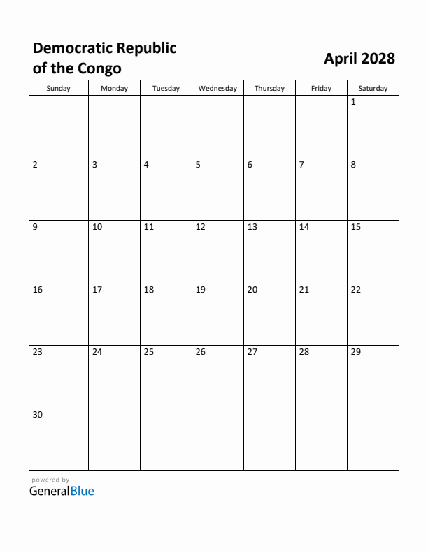 April 2028 Calendar with Democratic Republic of the Congo Holidays
