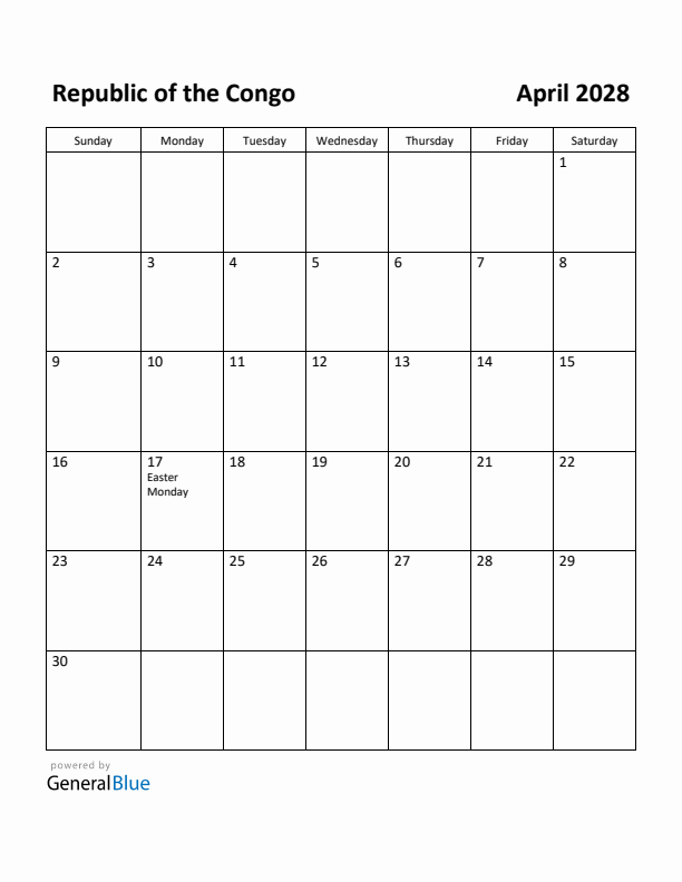April 2028 Calendar with Republic of the Congo Holidays