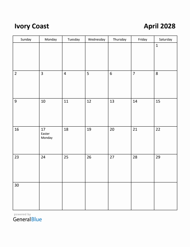 April 2028 Calendar with Ivory Coast Holidays