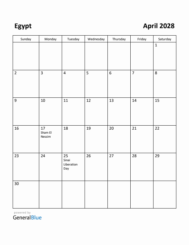 April 2028 Calendar with Egypt Holidays