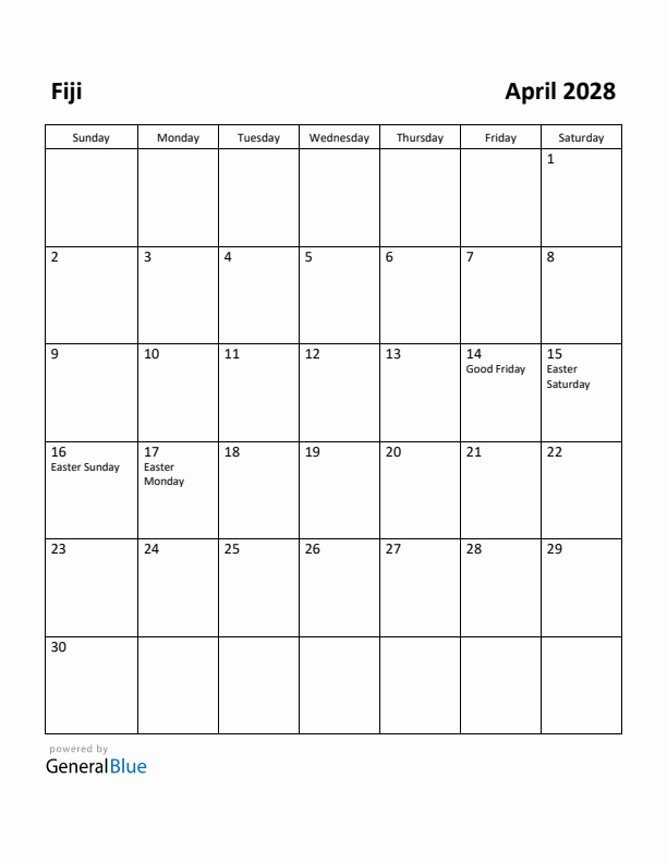 April 2028 Calendar with Fiji Holidays