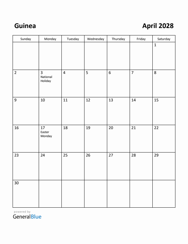 April 2028 Calendar with Guinea Holidays