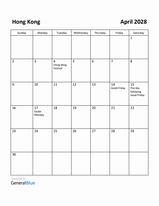 April 2028 Calendar with Hong Kong Holidays