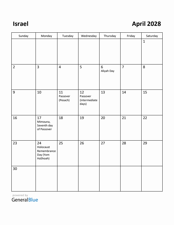 April 2028 Calendar with Israel Holidays