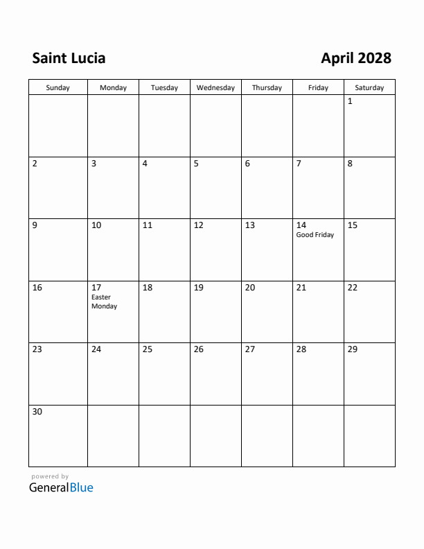 April 2028 Calendar with Saint Lucia Holidays
