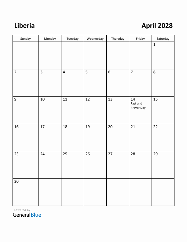 April 2028 Calendar with Liberia Holidays