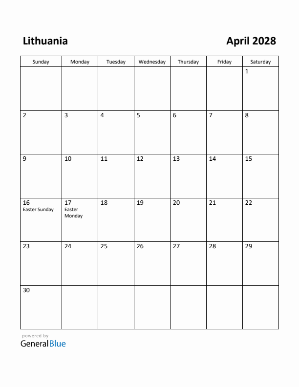 April 2028 Calendar with Lithuania Holidays