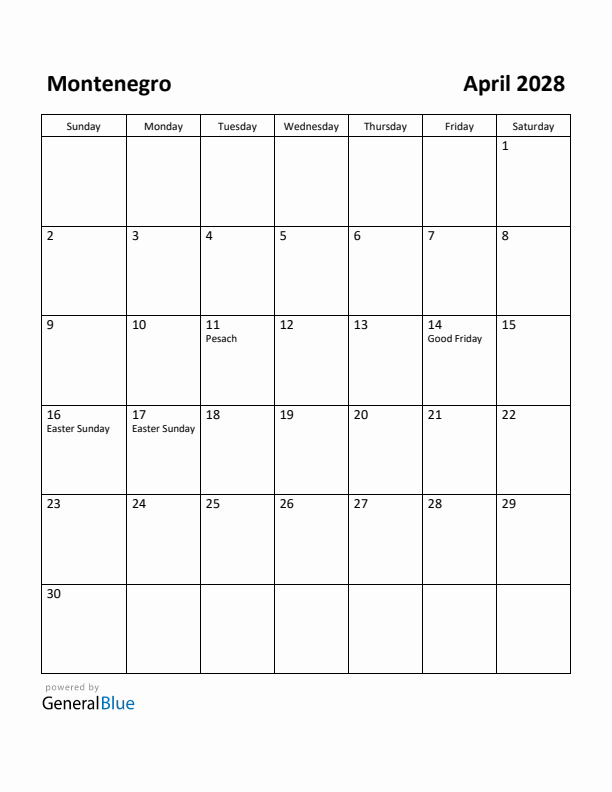 April 2028 Calendar with Montenegro Holidays