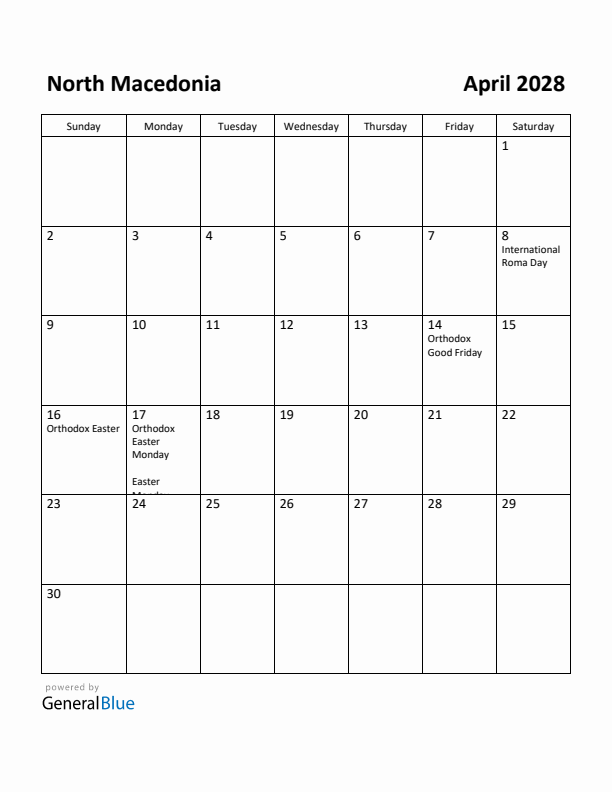 April 2028 Calendar with North Macedonia Holidays