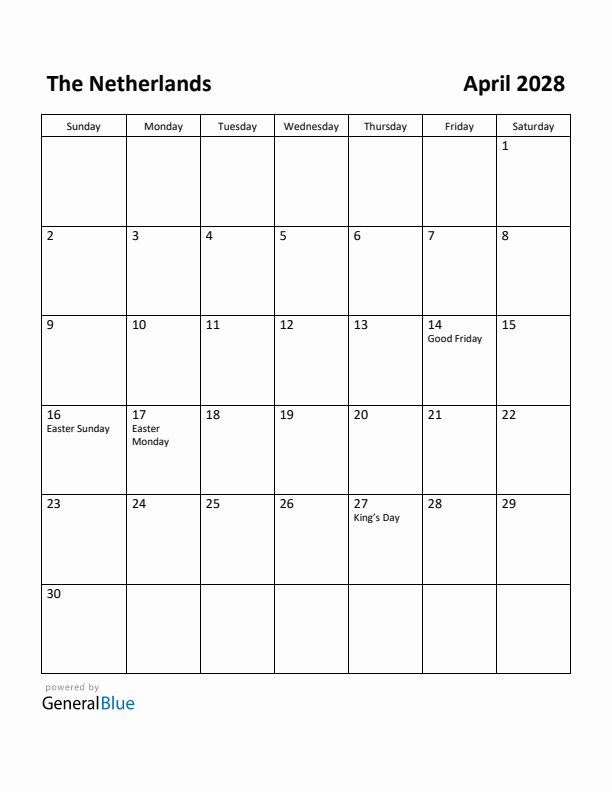 April 2028 Calendar with The Netherlands Holidays